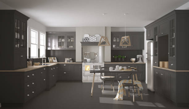 istock Scandinavian classic gray kitchen with wooden details, minimalistic interior design 682376608