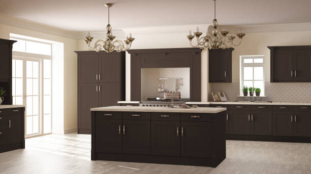 istock Classic kitchen, scandinavian minimal interior design with wooden and brown details 682377324