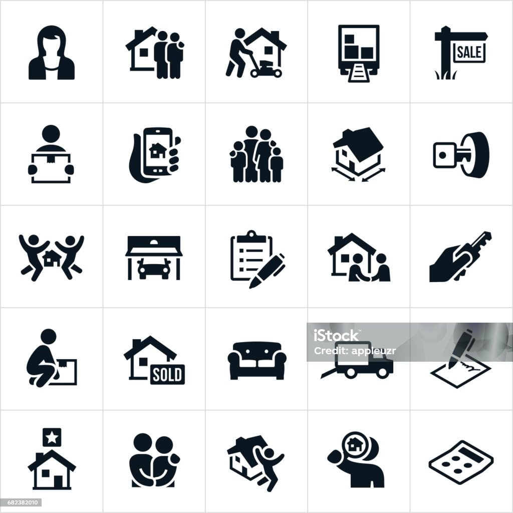 Home Buying Icons Icons related to the home buying experience. The icons include a Real Estate Agent, family, family purchaing home, moving truck, for sale sign, person moving boxes, house key, garage, excitment, checklist, agreement, contract, handshake, furniture, home search and mortgage calculator to  name a few. Icon Symbol stock vector