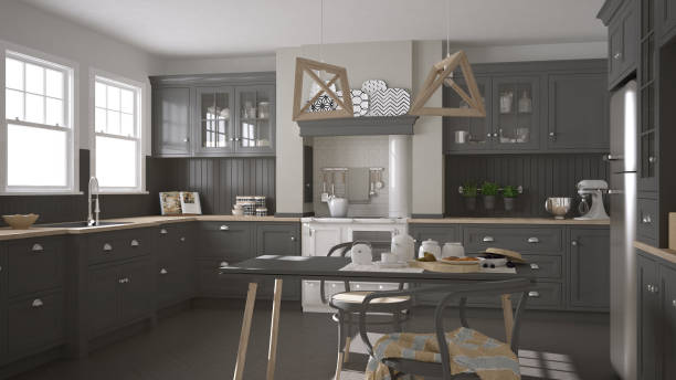 istock Scandinavian classic gray kitchen with wooden details, minimalistic interior design 682382066