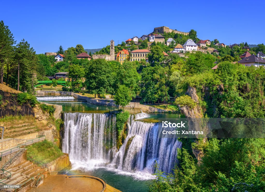 Jajce town and Pliva Waterfall, Bosnia and Herzegovina Jajce town in Bosnia and Herzegovina, famous for the beautiful Pliva waterfall Bosnia and Herzegovina Stock Photo