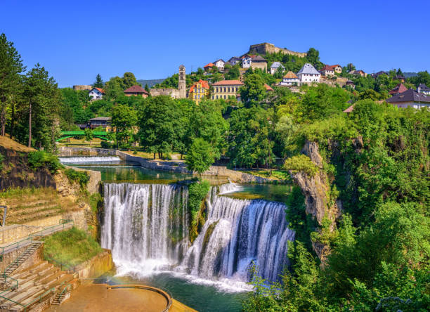 Jajce town and Pliva Waterfall, Bosnia and Herzegovina Jajce town in Bosnia and Herzegovina, famous for the beautiful Pliva waterfall bosnia and herzegovina stock pictures, royalty-free photos & images