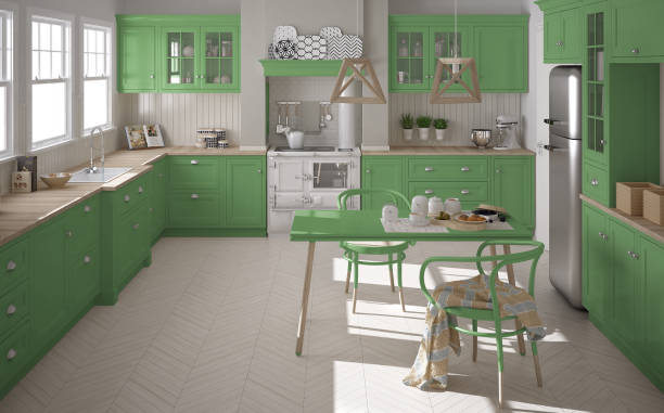 istock Scandinavian classic kitchen with wooden and green details, minimalistic interior design 682382268
