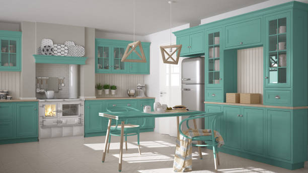 istock Scandinavian classic kitchen with wooden and turquoise details, minimalistic interior design 682384800