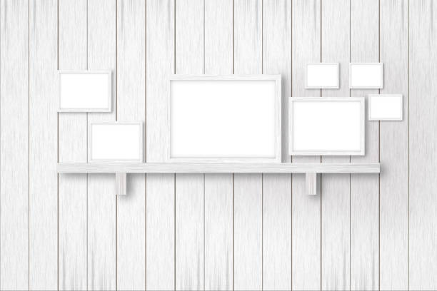 istock white wooden background with white frames, interior decoration,3D illustration 682384816