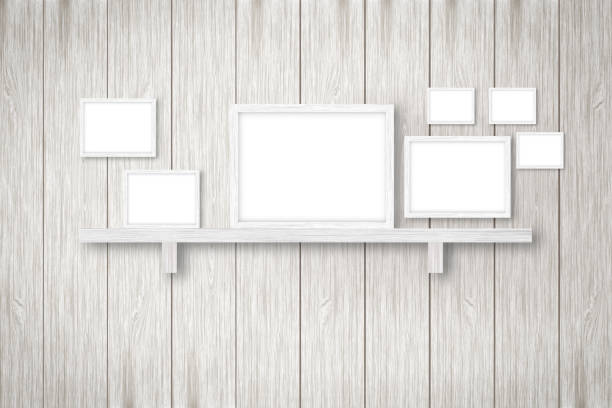istock white wooden background with white frames, interior decoration,3D illustration 682385254