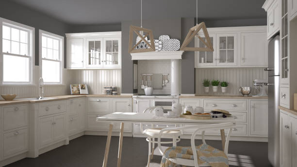 istock Scandinavian classic white kitchen with wooden details, minimalistic interior design 682385378