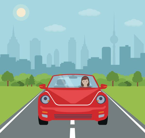 도시 배경에 빨간 자동차를 운전 하는 젊은 여자. - car driving women driver stock illustrations