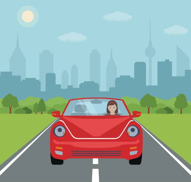 ilustrações, clipart, desenhos animados e ícones de jovem mulher dirigindo um carro vermelho no fundo da cidade. - car driving front view cartoon