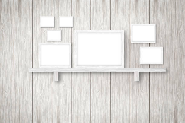 istock white wooden background with white frames, interior decoration,3D illustration 682388430