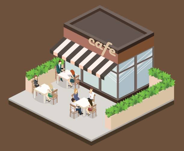 ilustraciones, imágenes clip art, dibujos animados e iconos de stock de isométrico exterior de la cafetería o tienda de dulce. - isometric people cafe coffee shop