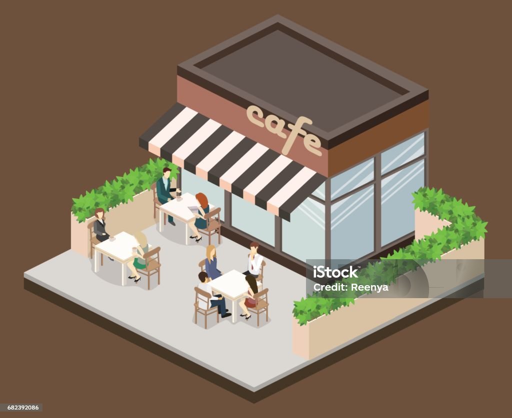 Isometric exterior of coffee shop or sweet-shop. Isometric exteriorof coffee shop or sweet-shop. People sit at the table and eating. Fence from plants. Flat 3D illustration Cafe stock vector