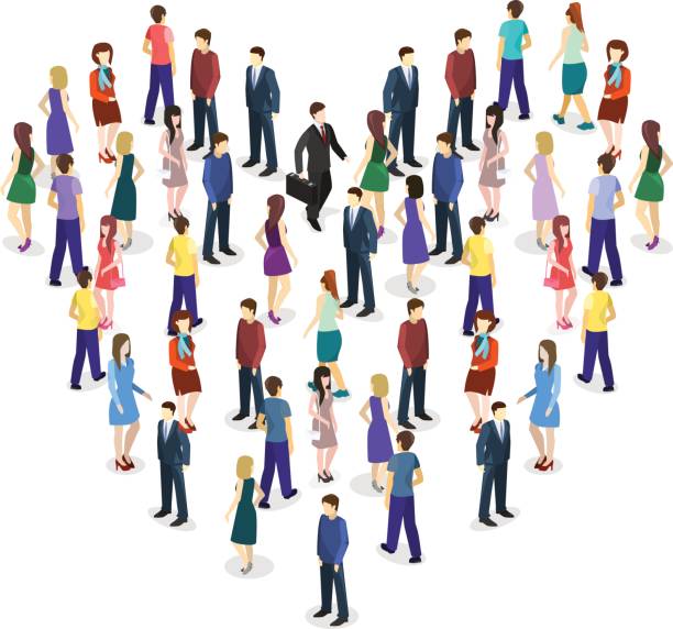 illustrazioni stock, clip art, cartoni animati e icone di tendenza di grande folla di persone in piedi a forma di cuore - three dimensional shape people group of people team