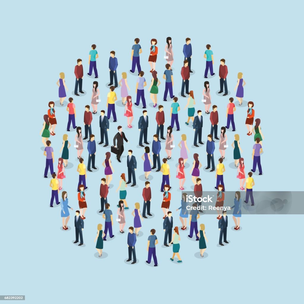 Isometric flat 3D isolated concept vector a large crowd of people standing in the shape of a circle Big people crowd on white background. Vector illustration. People stock vector