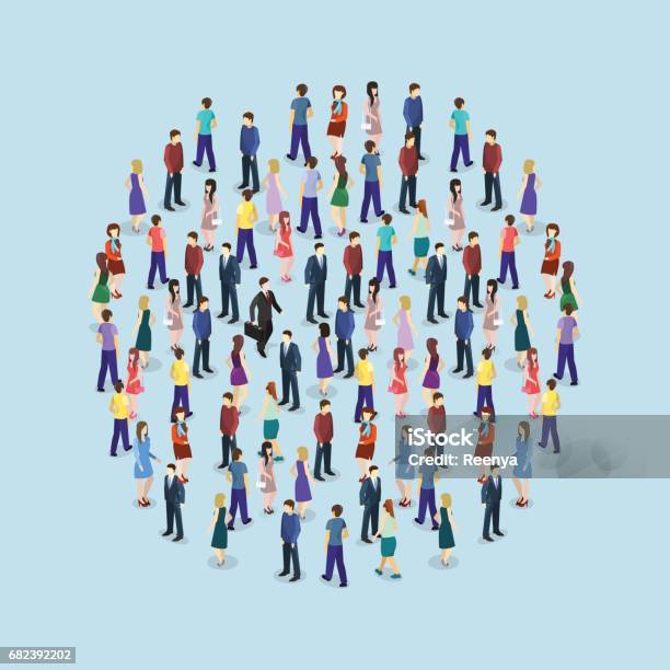 Isometric Flat 3d Isolated Concept Vector A Large Crowd Of People Standing In The Shape Of A Circle Stock Illustration - Download Image Now