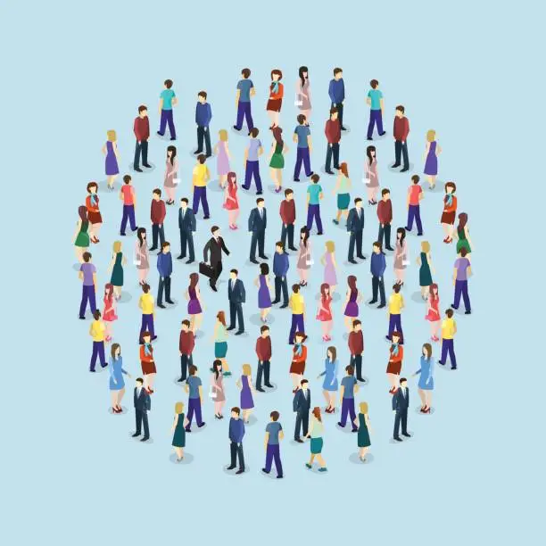 Vector illustration of Isometric flat 3D isolated concept vector a large crowd of people standing in the shape of a circle