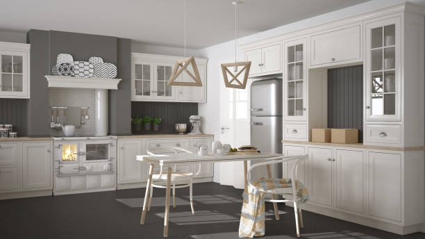 istock Scandinavian classic white kitchen with wooden details, minimalistic interior design 682392268