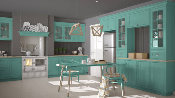 istock Scandinavian classic kitchen with wooden and turquoise details, minimalistic interior design 682394706