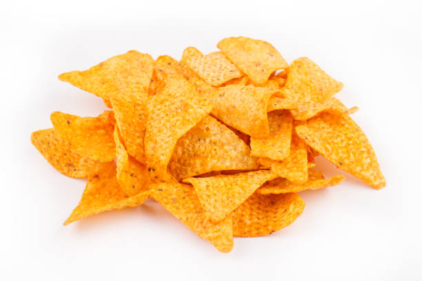 istock Front view of nachos snacks pile isolated on white 682395288
