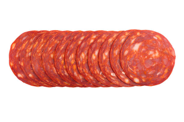 chorizo sausages slices isolated on white - airtight packing meat food imagens e fotografias de stock