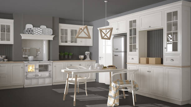 istock Scandinavian classic white kitchen with wooden details, minimalistic interior design 682396120