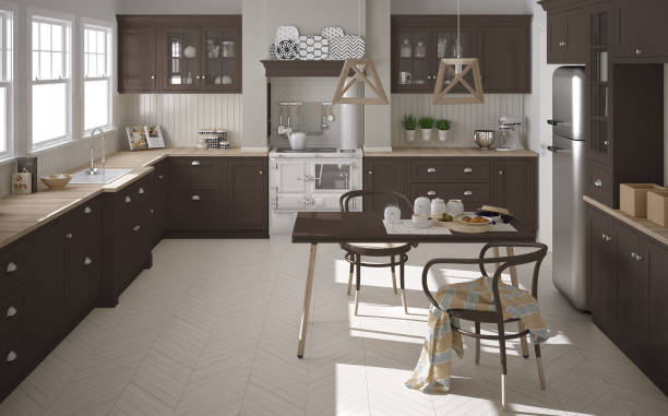 istock Scandinavian classic kitchen with wooden and brown details, minimalistic interior design 682399524