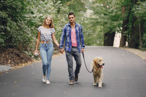 istock couple walking outdoors with her dog 682402162