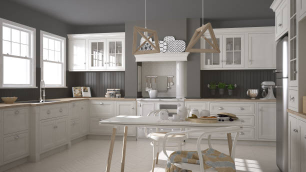 istock Scandinavian classic white kitchen with wooden details, minimalistic interior design 682403096