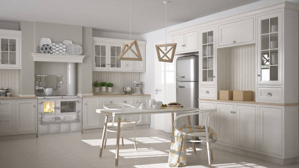 istock Scandinavian classic white kitchen with wooden details, minimalistic interior design 682403400