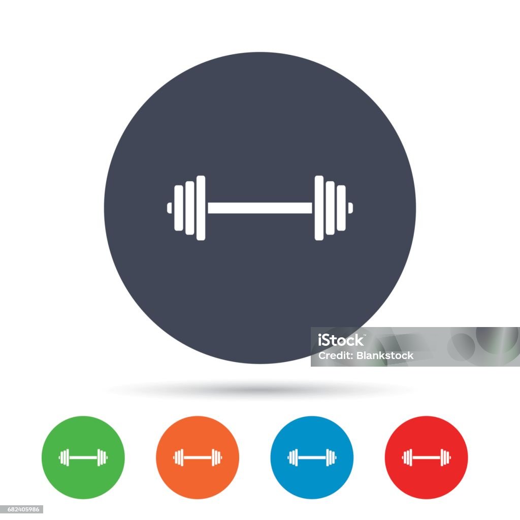 Barbell sign icon. Muscle lifting symbol. Barbell sign icon. Muscle lifting symbol. Round colourful buttons with flat icons. Vector Anaerobic Exercise stock vector