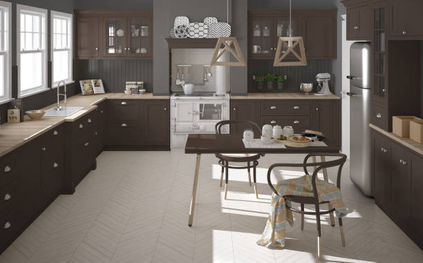 istock Scandinavian classic kitchen with wooden and brown details, minimalistic interior design 682406020