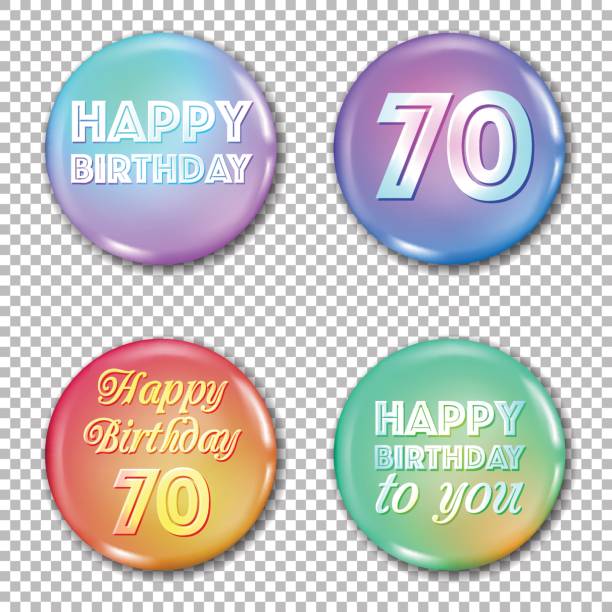 70th anniversary icons set. Happy birthday labels 70th anniversary icons set. Happy birthday labels for greeting card or decoration. Jubilee 70 years old celebration. Glossy circle stickers with text 70th stock illustrations