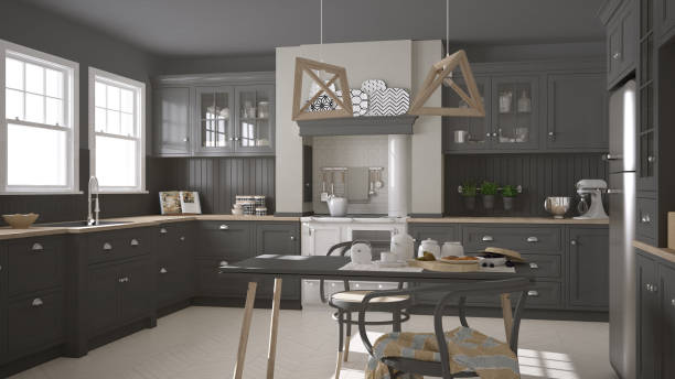 istock Scandinavian classic gray kitchen with wooden details, minimalistic interior design 682408940