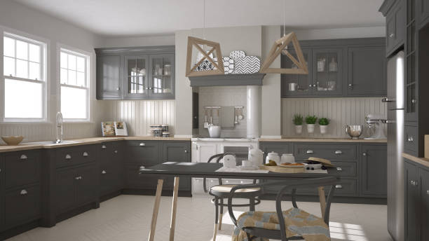 istock Scandinavian classic gray kitchen with wooden details, minimalistic interior design 682409862