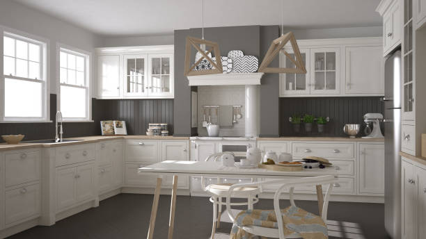 istock Scandinavian classic white kitchen with wooden details, minimalistic interior design 682410592