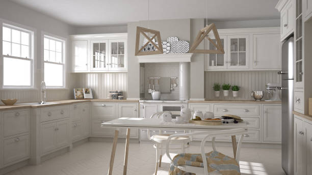 istock Scandinavian classic white kitchen with wooden details, minimalistic interior design 682410670