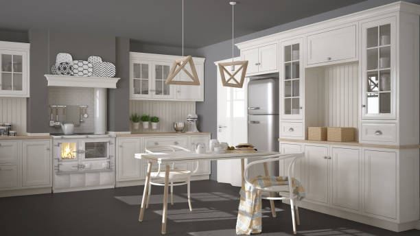 istock Scandinavian classic white kitchen with wooden details, minimalistic interior design 682412836