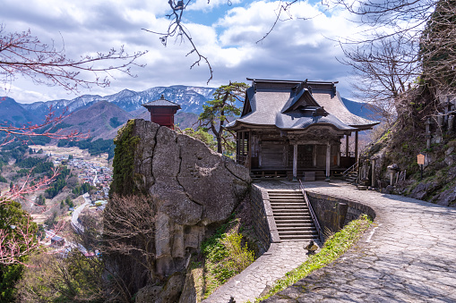 Yamadera, Japan - April 20, 2017: Yamadera is a scenic set of temples in the mountains near Yamagata, in the Tohoku region of Japan.