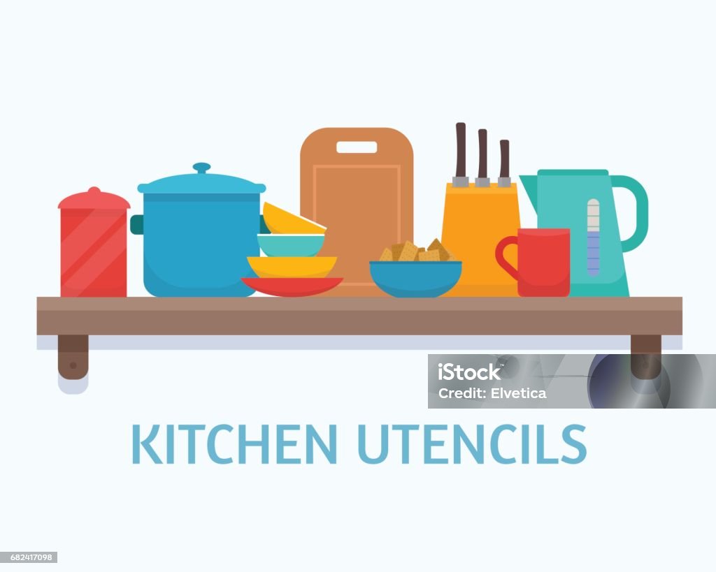Kitchen equipment and tools Kitchen equipment and tools on shelf. Flat style vector illustration. Arts Culture and Entertainment stock vector
