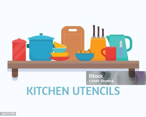 Kitchen Equipment And Tools Stock Illustration - Download Image Now - Arts Culture and Entertainment, Boarding, Bowl