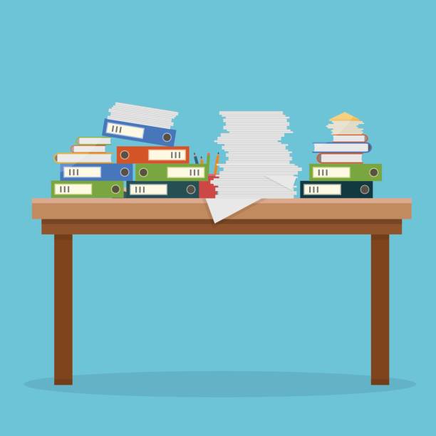 Busy cluttered office table. Busy cluttered office table. Hard work. Office interior with books, folders, papers and letters on table. Flat style vector illustration. stack of papers stock illustrations