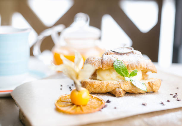 french breakfast with croissants, orange juice and coffee or tea