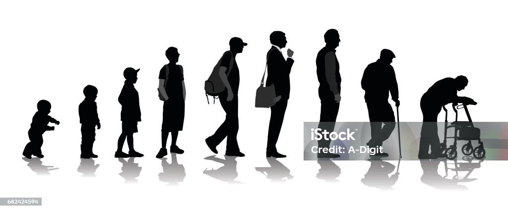 Life Changes silhouette illustration of a man through time,  from the time he was a baby until he became a child, a teenager, an adult and then an elderly man In Silhouette stock vector