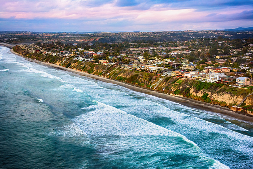 The coastal cliffs and oceanfront homes of Leucadia, California; a community within the city of Encinitas in northern San Diego County known for its laid back, working class, surfer attitude.
