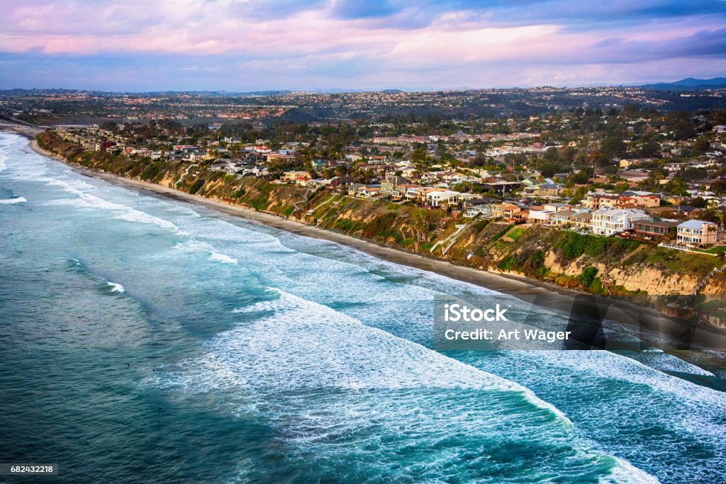 Coastline of Leucadia California Aerial View The coastal cliffs and oceanfront homes of Leucadia, California; a community within the city of Encinitas in northern San Diego County known for its laid back, working class, surfer attitude. California Stock Photo