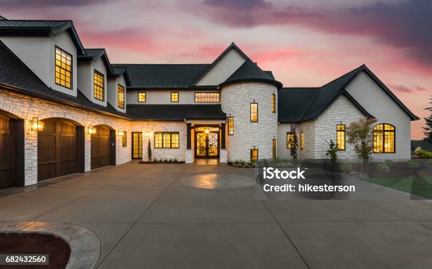 Stunning Luxury Home Exterior At Sunset Stock Photo - Download Image Now - Luxury, Residential Building, Outdoors