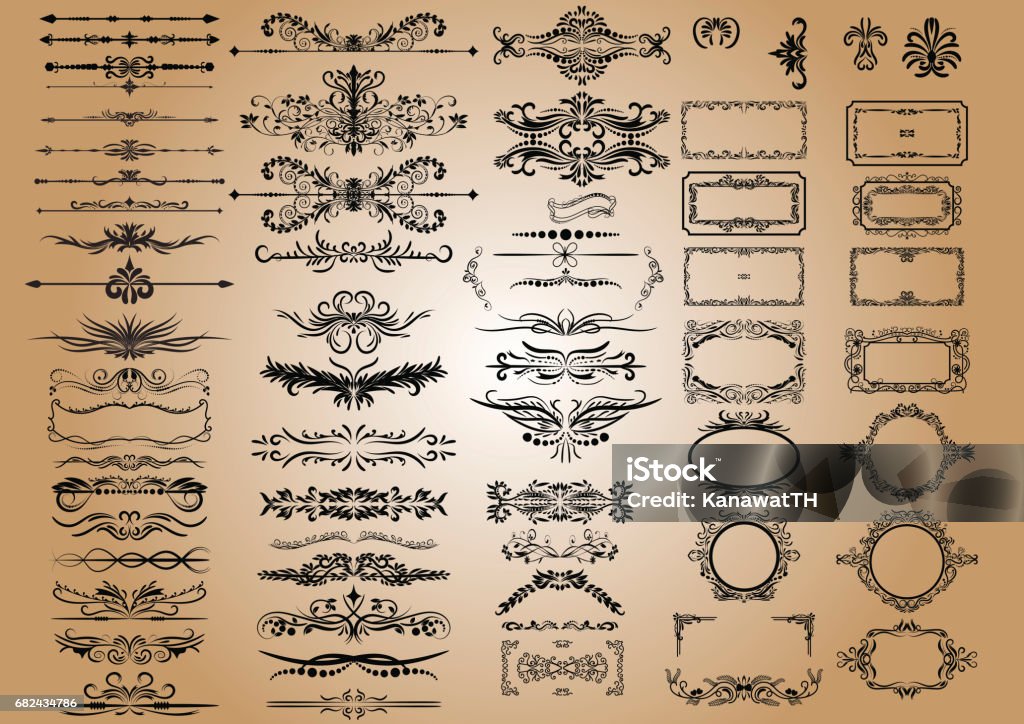 Éléments de décorations Vintage vectoriels. S’épanouit cadres et ornements calligraphiques. Collection de Design de Style rétro - clipart vectoriel de Antiquités libre de droits