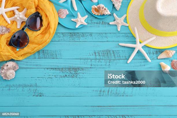 Beach Accessories With Sea Shells Stock Photo - Download Image Now - Animal Shell, Backgrounds, Beach