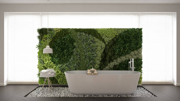 banheiro escandinavo com jardim vertical, projeto interior minimalista branco - blinds wood bathroom indoors - fotografias e filmes do acervo