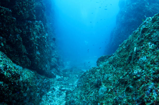 istock view through narrow scuba passageway in ocean blue with rocks 682449140